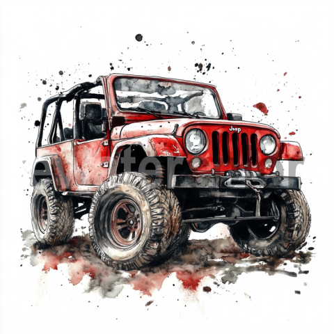 Watercolor Off-Road red Jeep