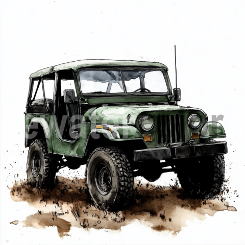 Watercolor Vintage green Jeep in the Wild