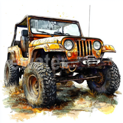 Watercolor Vintage Yellow Jeep in the Wild