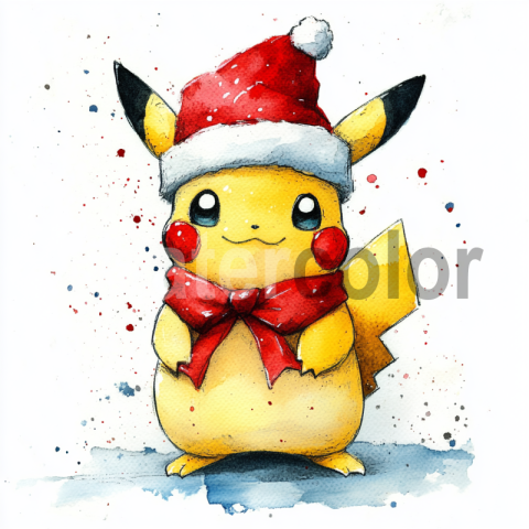 Watercolour cartoon cute Pikachu pokemon Christmas