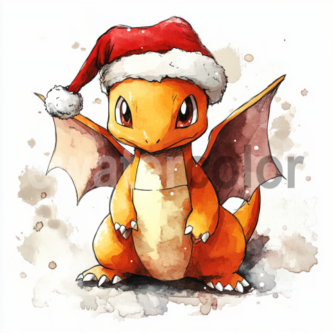 Watercolor Pokemon in Santa Hat