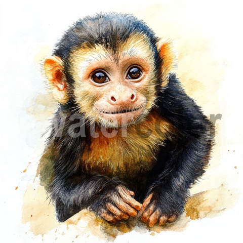 Realistic watercolor capuchin monkey