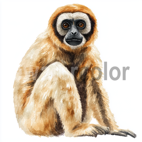 Realistic watercolor Muller's Bornean Gibbon