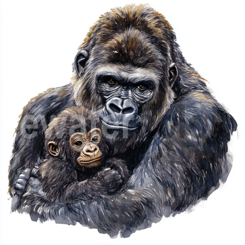 Watercolor gorilla and baby illustration