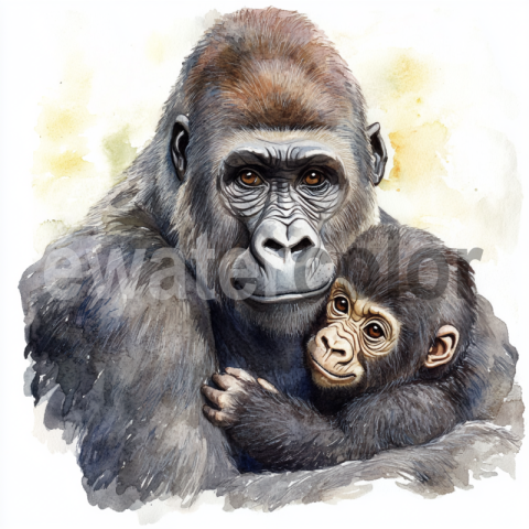 Watercolor gorilla and baby