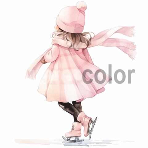 Watercolor skates girl in light pink winter dress hat