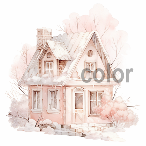 Watercolor Winter pink House