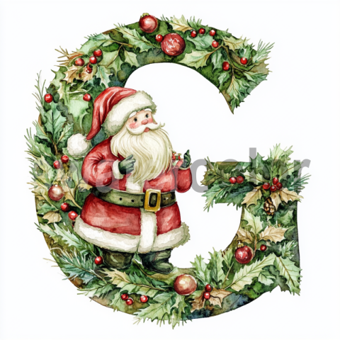 Watercolor Santa by the green G