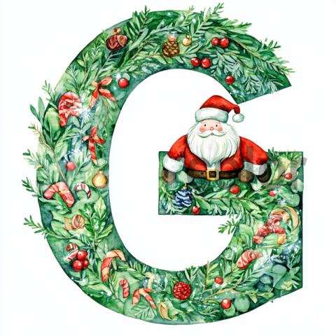 Watercolor Festive G with Santa