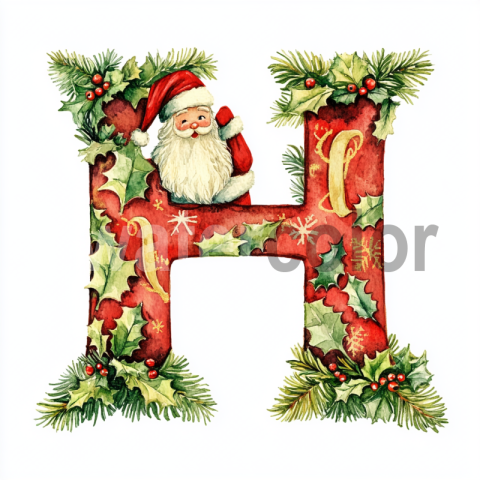 Watercolor Festive H with Santa