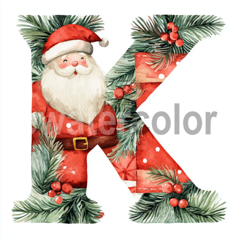 Watercolor Festive K with Santa