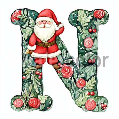 Watercolor Festive N with Santa