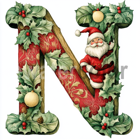 Watercolor Christmas Monogram N