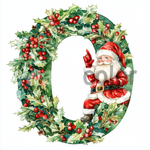 Watercolor Festive O with Santa