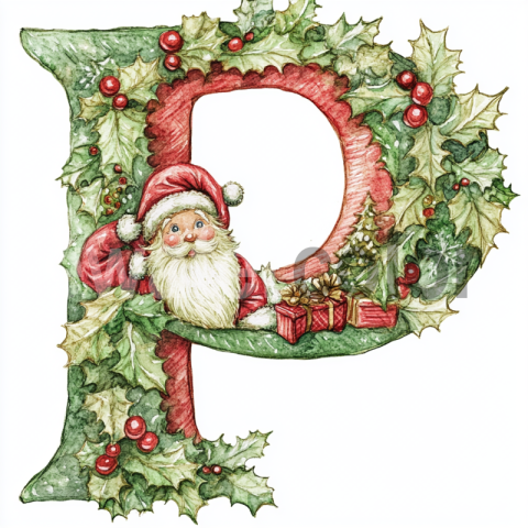 Watercolor Festive P with Santa