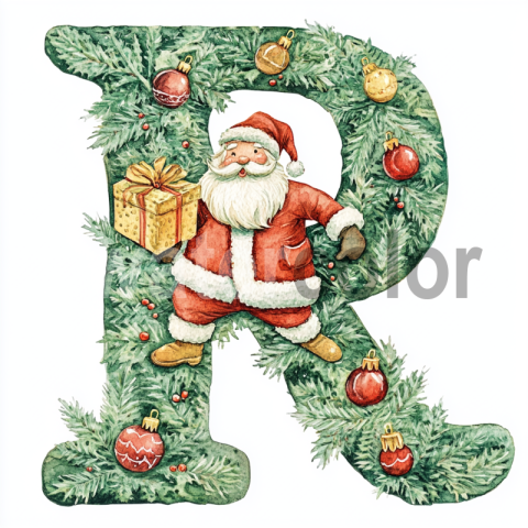 Watercolor Festive R with Santa