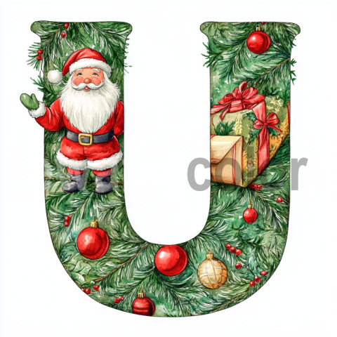 Watercolor Christmas Monogram U