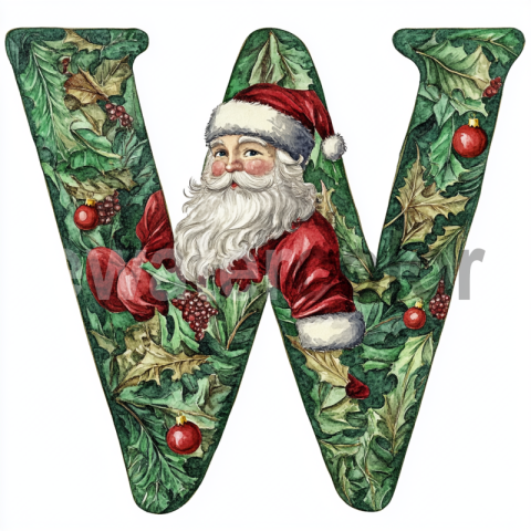 Watercolor Festive W with Santa