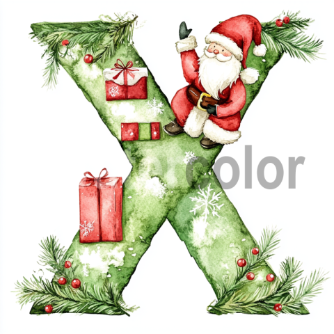 Watercolor Festive X with Santa