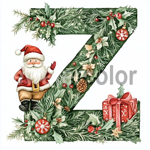 Watercolor Festive Z with Santa