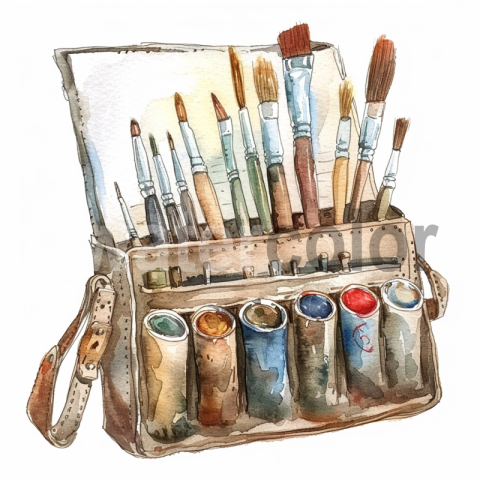 Watercolor artist's tools, paint brush set in an artists bag