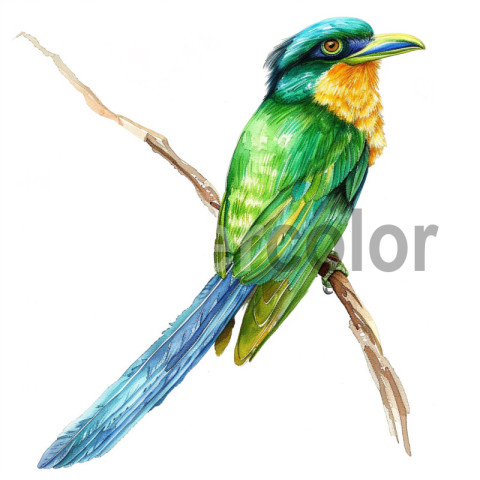 Watercolor Long-Tailed Broadbill bird illustration