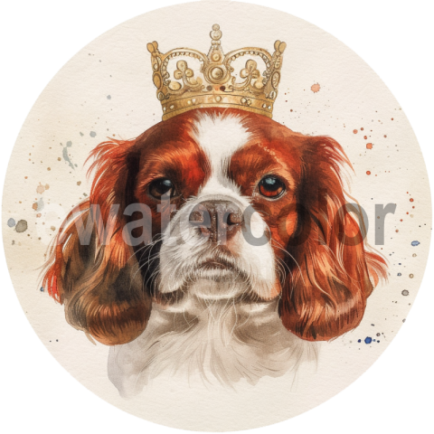 Watercolor king charles spaniel, wearing king crown