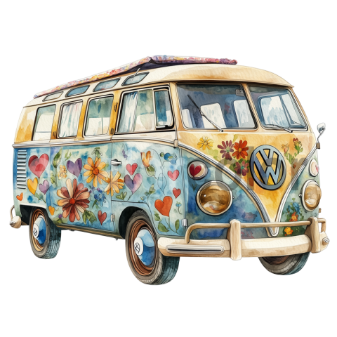 Vintage watercolor VW Bus transparent Illustration