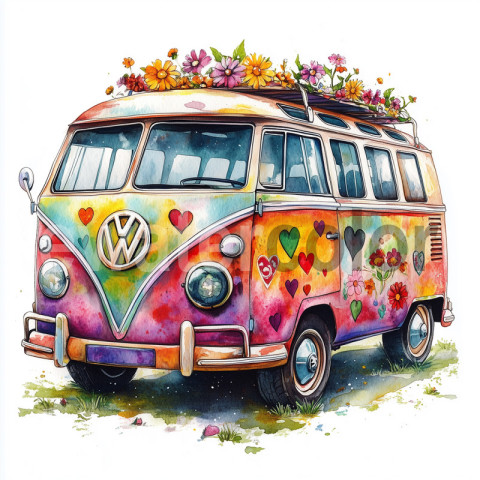 Watercolor colourful decorated hippy VW bus