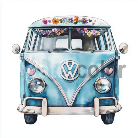 Watercolor Hippie VW Bus