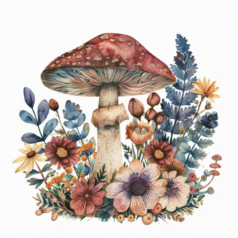 Watercolor Mushroom and Flowers illustration