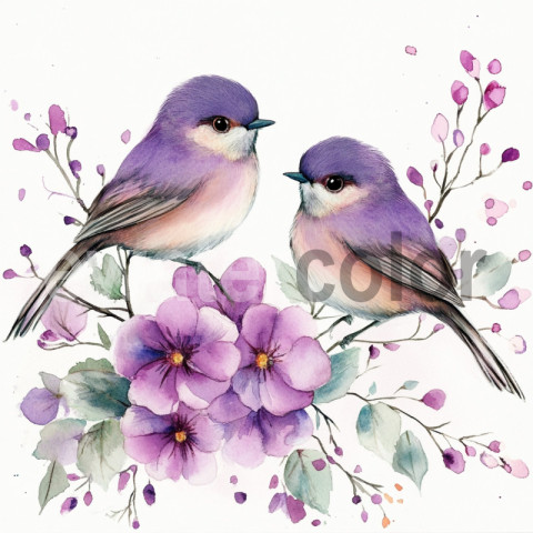 Watercolor Purple Birds and Flowers illustration