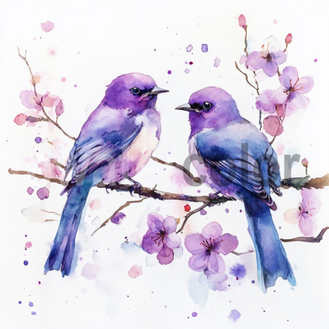 Watercolor Two Birds with Purple Blossoms