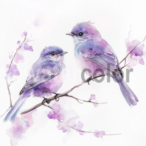 Watercolor spring purple birds