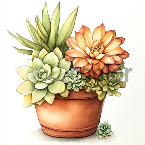 Watercolor boho succulents in terracotta pot