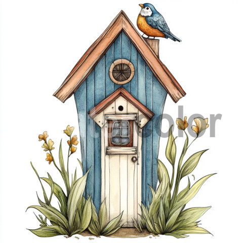 Watercolor folk birdhouse illustration