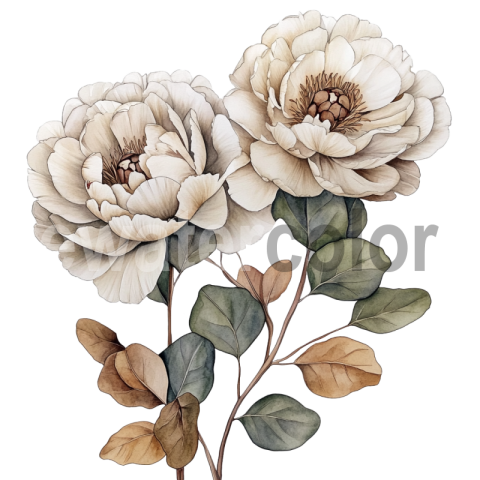 Watercolor Peonies and Eucalyptus transparent illustration