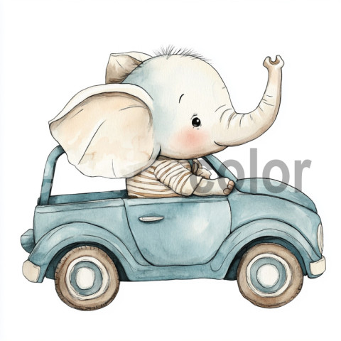 Watercolor Baby Elephant in a Car