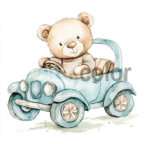 Watercolor Baby Bear Driving a Car