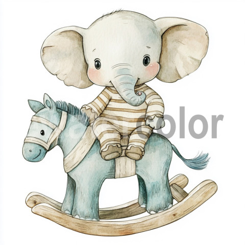 Watercolor Baby Elephant on a Rocking Horse