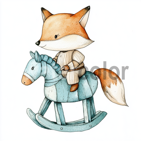 Watercolor Fox on a Rocking Horse