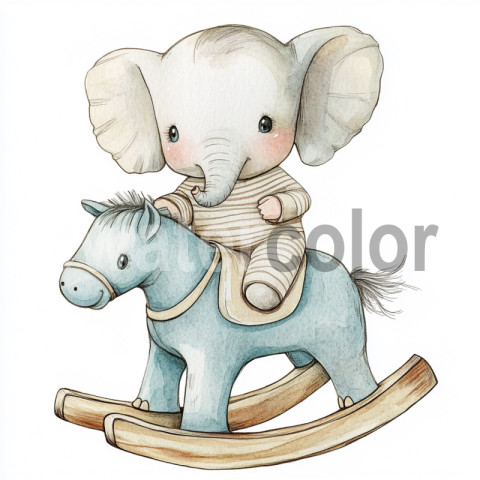 Watercolor Baby Elephant's Rocking Horse Ride