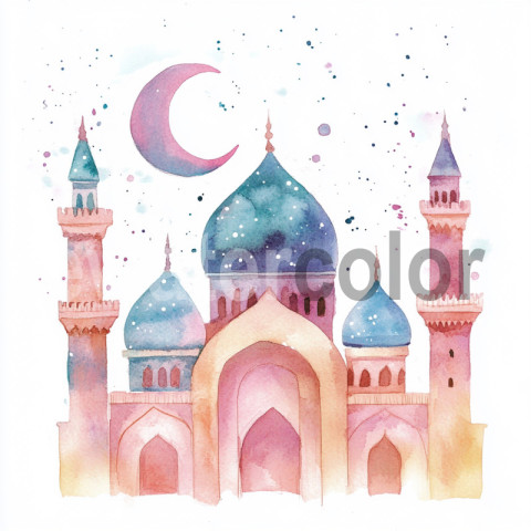 Watercolor Ramadan Mosque and Moon