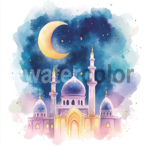 Watercolor Ramadan Mosque at Night