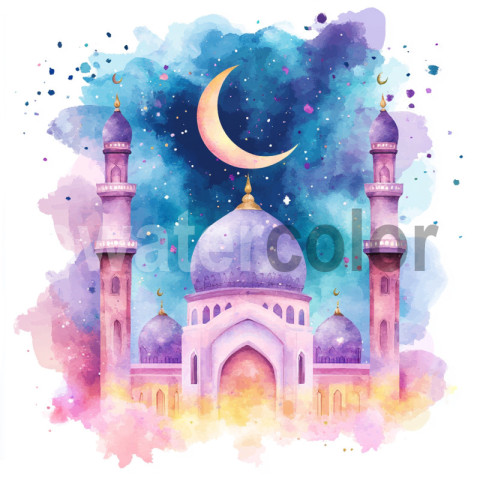 Watercolor Islamic Night Sky and Mosque