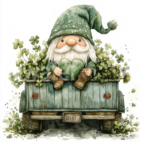 Watercolor St. Patrick's Day Gnome in a Truck