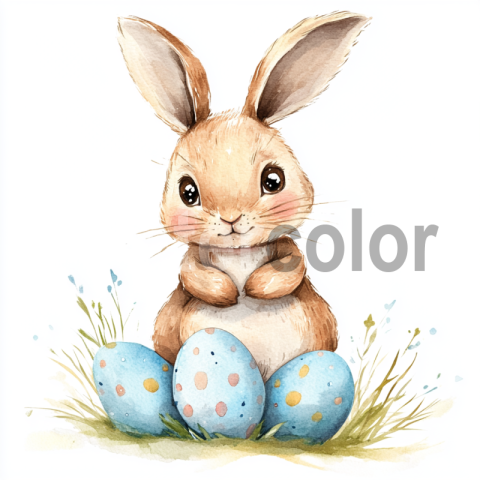 Easter Bunny with Speckled Eggs watercolor illustration