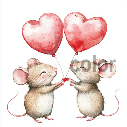 Watercolor valentines quirky mice couple on a white background