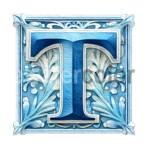 Historiated Capital Letter T: A Soft Watercolor Snow Design