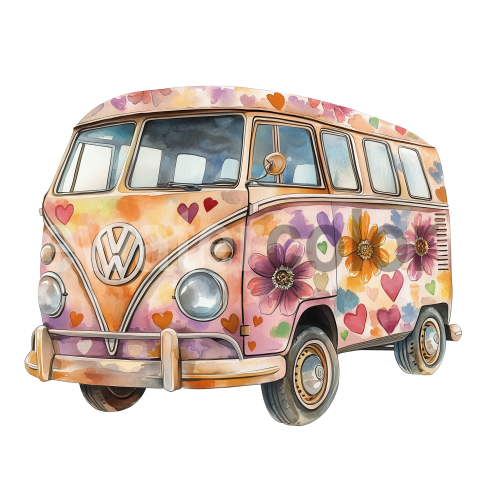 Floral Heart VW Bus watercolor illustration